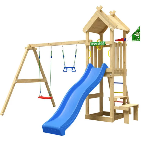 Jungle Gym Totem legetårn med blå rutsjebane og gyngestativ