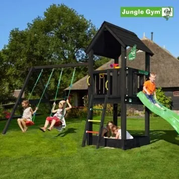 Jungle Gym Club 2.1 legetårn - sort med gyngestativ & grøn rutsjebane
