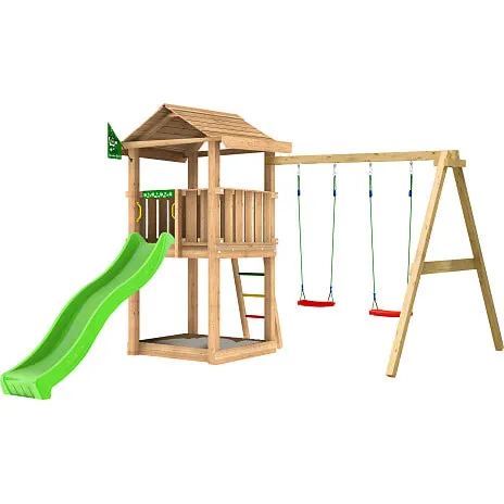 Jungle Gym House 2.1 legetårn m. gyngestativ og grøn rutsjebane