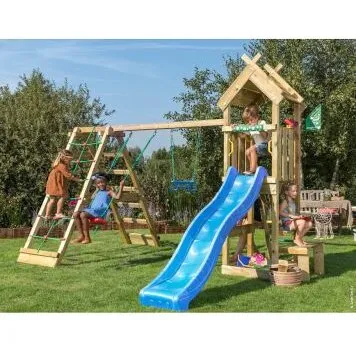 Jungle Gym Totem legetårn med klatremodul og blå rutsjebane