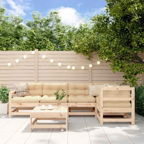 Loungesæt i massivt fyrretræ, 6 dele – lameldesign