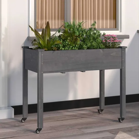 Plantekasse i massivt fyrretræ 118x59x80 cm med foring og hjul