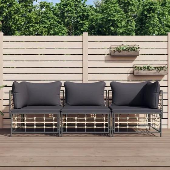 Loungesæt polyrattan 3 dele med hynder – antracit