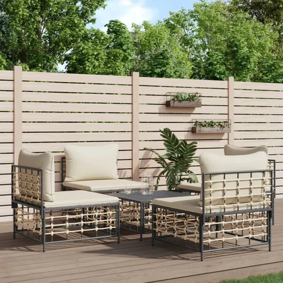 Loungesæt polyrattan 5 dele med hynder - Antracit