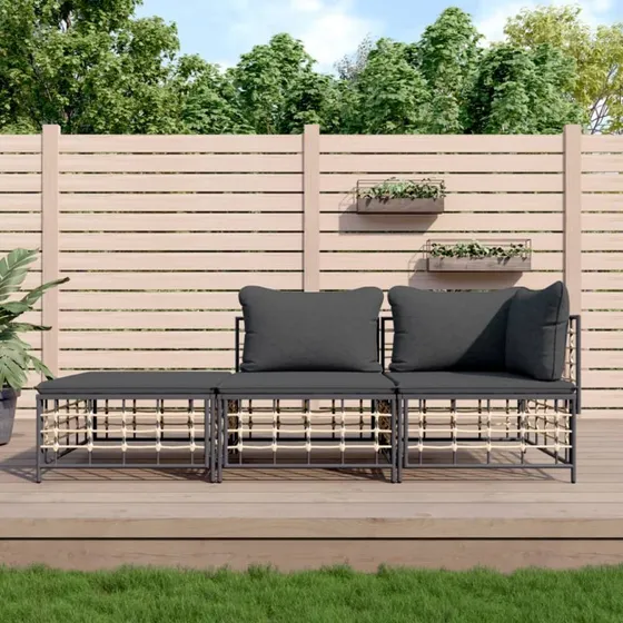 Loungesæt i polyrattan 3 dele med hynder - Antracit