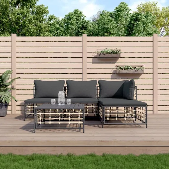 Loungesæt 5 dele i polyrattan med hynder - Antracit