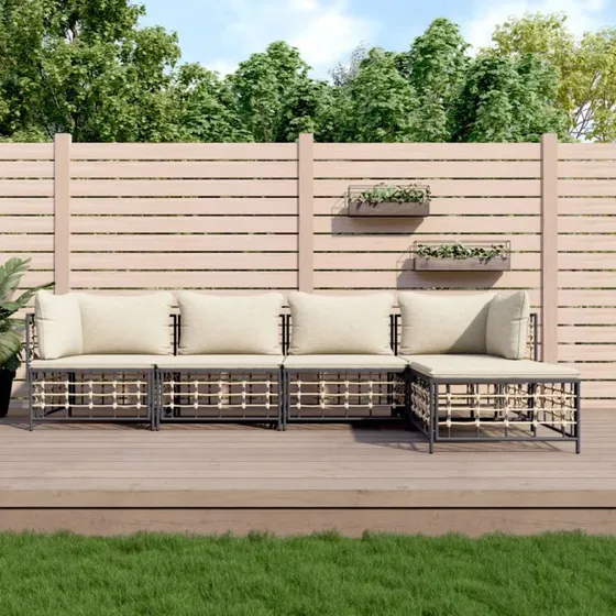 Loungesæt i polyrattan 5 dele med hynder – antracit