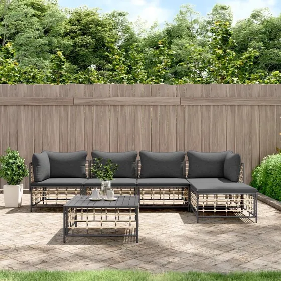 Loungesæt 6 dele i polyrattan med hynder - antracit