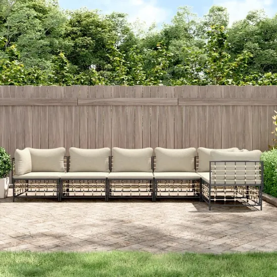 Loungesæt i polyrattan 6 dele med hynder – Antracit