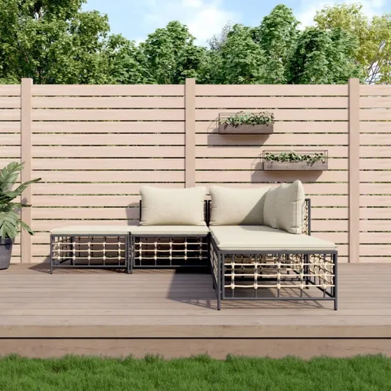 Loungesæt i polyrattan 5 dele med hynder - Antracit