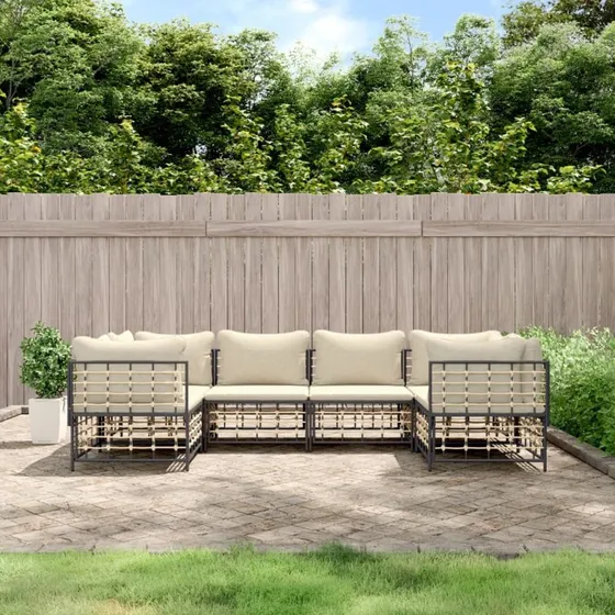 Loungesæt i polyrattan 6 dele med hynder – antracit