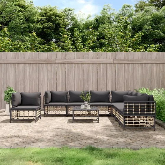 Loungesæt i polyrattan 9 dele med hynder - antracit