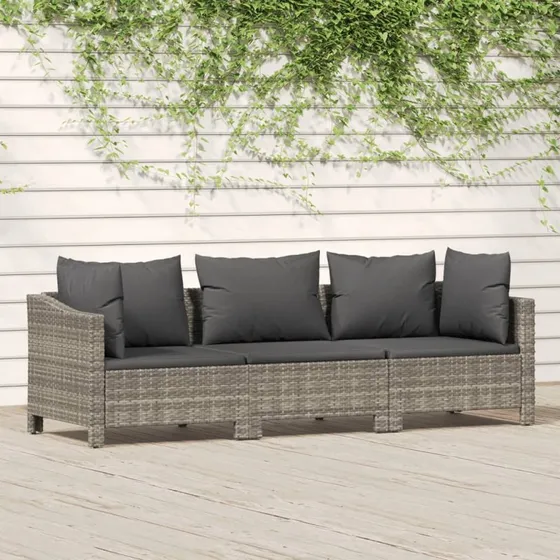 Loungesæt til haven 3 dele i grå polyrattan med hynder