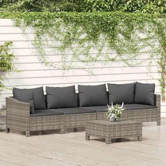 Loungesæt til haven 5 dele i polyrattan med hynder, grå