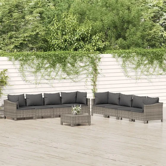Loungesæt i polyrattan 9 dele med hynder – grå
