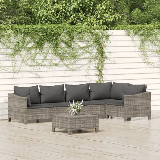 Loungesæt 6 dele i grå polyrattan med hynder
