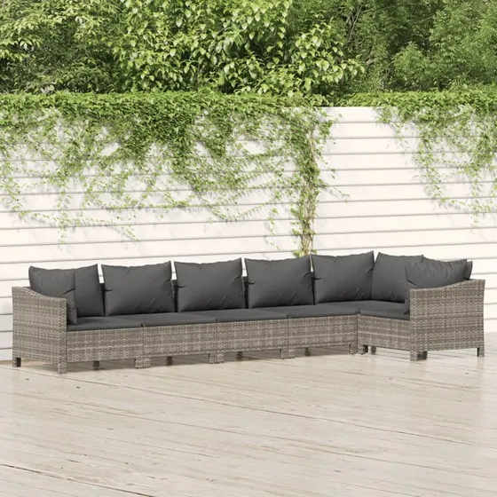 Loungesæt til haven 6 dele i grå polyrattan med hynder