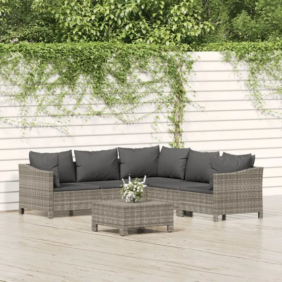 Loungesæt til haven 6 dele i grå polyrattan med hynder