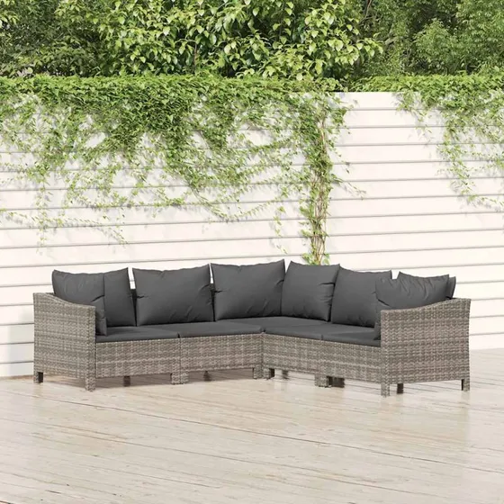 Loungesæt til haven 5 dele i grå polyrattan med hynder