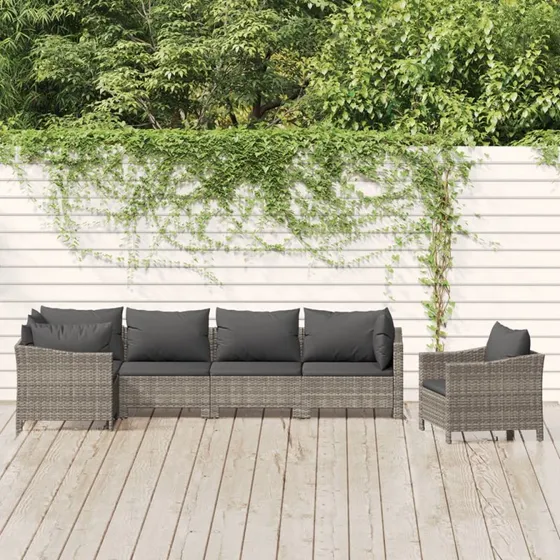 Loungesæt til haven 6 dele i grå polyrattan med hynder
