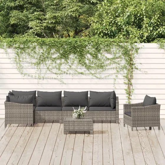 Loungesæt 7 dele grå polyrattan med hynder