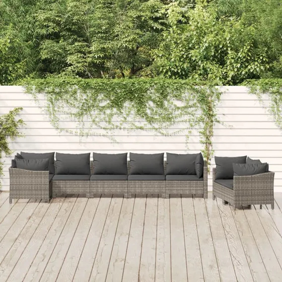 Loungesæt til haven 8 dele i grå polyrattan med hynder