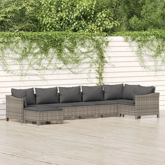 Loungesæt til haven 7 dele i grå polyrattan med hynder