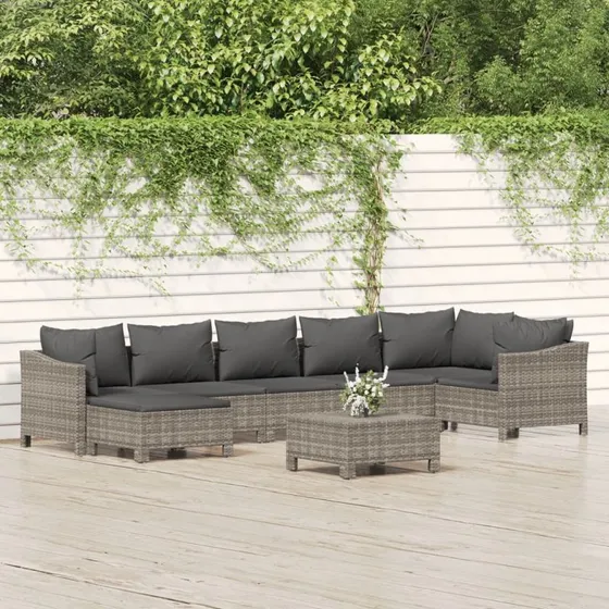 Loungesæt til haven 8 dele i grå polyrattan med hynder