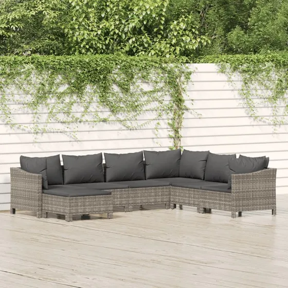 Loungesæt til haven 7 dele i grå polyrattan med hynder