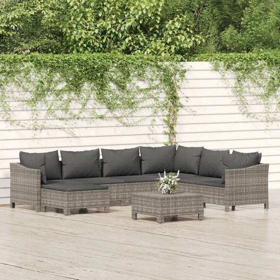 Loungesæt til haven 8 dele i grå polyrattan med hynder