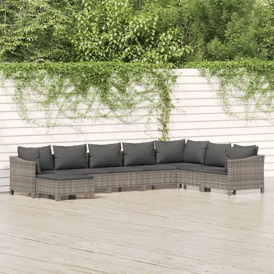 Loungesæt til haven 8 dele i grå polyrattan med hynder