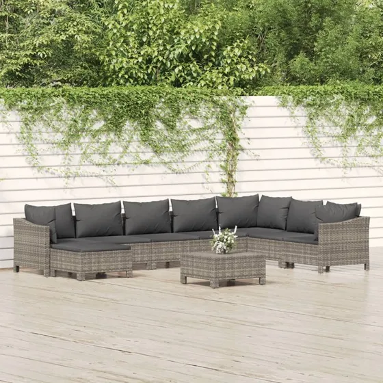 Loungesæt til haven 9 dele i grå polyrattan med hynder