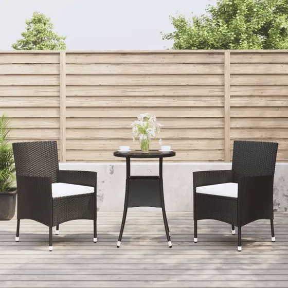 Bistrosæt til haven 3 dele i sort polyrattan med hynder