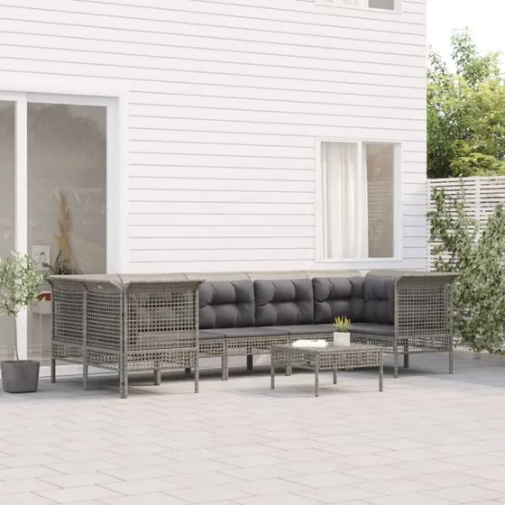 Loungesæt i polyrattan 8 dele med hynder – grå