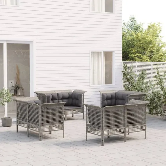 Loungesæt til haven 8 dele i grå polyrattan med hynder