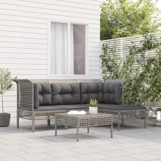 Loungesæt til haven 5 dele i grå polyrattan med hynder