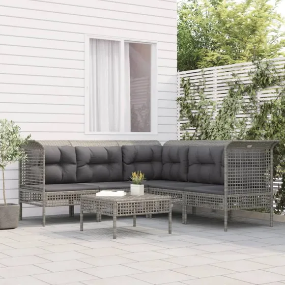 Loungesæt i polyrattan 6 dele med hynder - grå