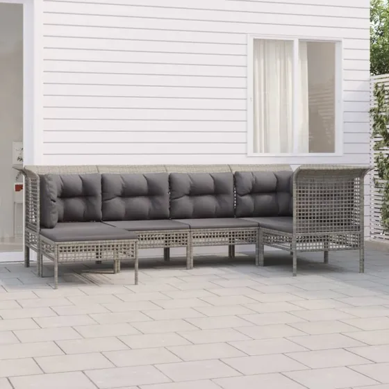 Loungesæt i polyrattan 6 dele med hynder – grå