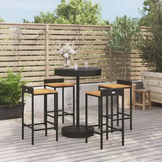 Barsæt i polyrattan og akacietræ 5 dele - sort