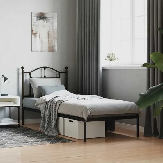 Sengeramme med sengegavl 90x190 cm, sort metal