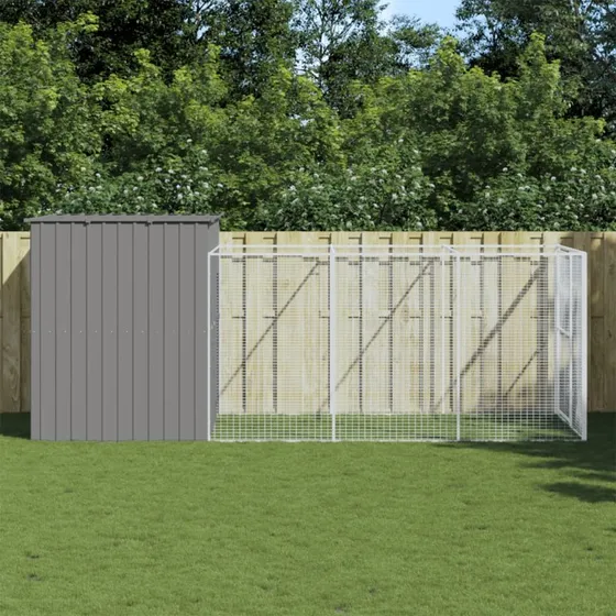 Hundehus med løbegård 214×457×181 cm – galvaniseret stål