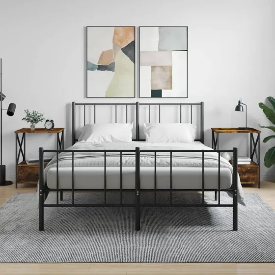 Sengeborde 2 stk. 50x41x65 cm – Røget egetræ & sort stel