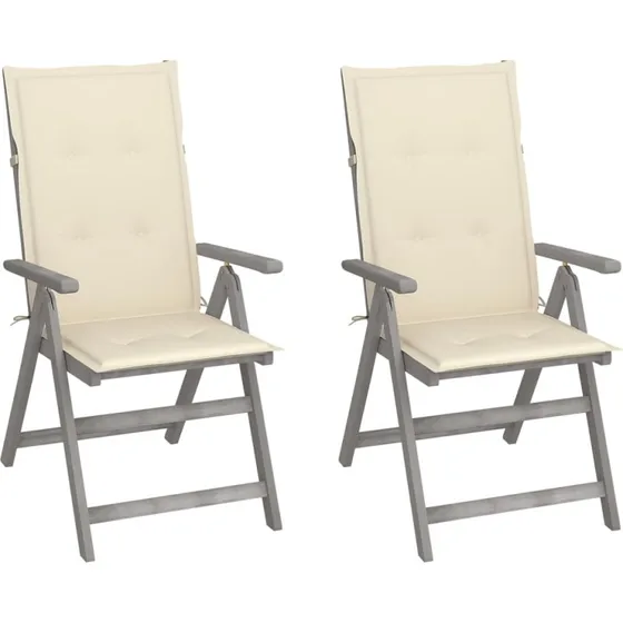 Havestole 2 stk. i massivt akacietræ med hynder (gråvasket)