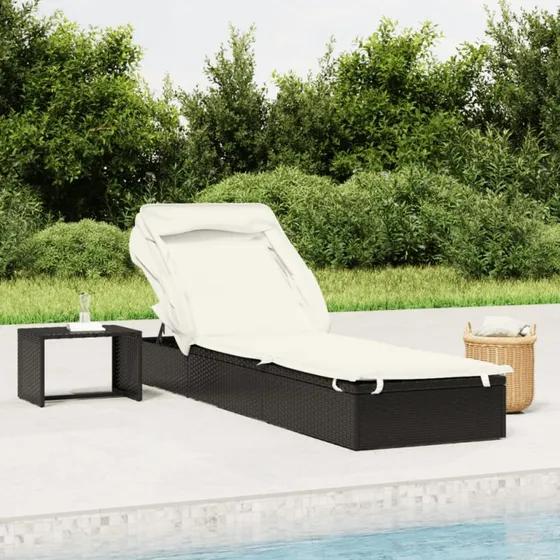Liggestol med foldbart tag 213x63x97 cm - Sort polyrattan