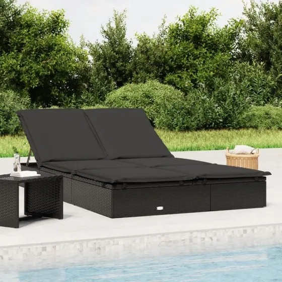 2-personers polyrattan solseng med hynder - sort