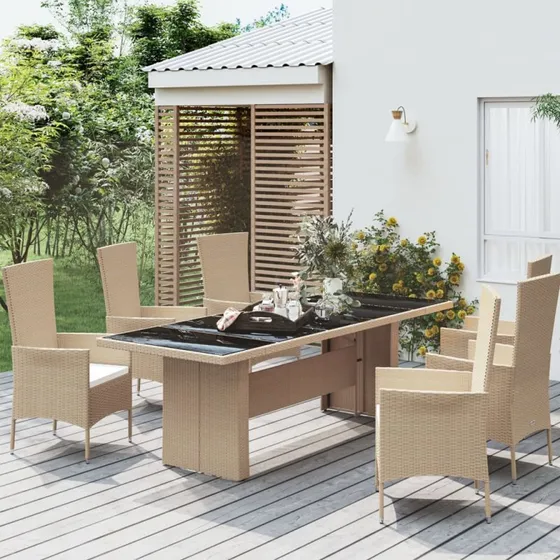 Havebord i beige polyrattan med hrdet glas