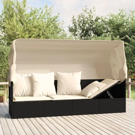 Loungesofa med tag og hynder i sort polyrattan