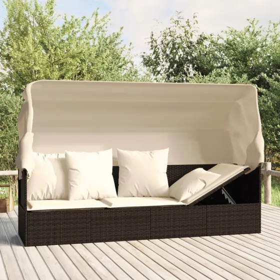 Udendørs loungesofa med tag og hynder i brun polyrattan