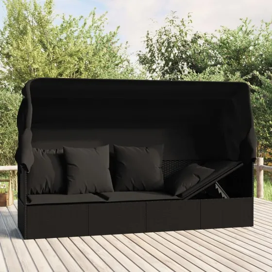 Loungesofa udendørs med tag og hynder, polyrattan - sort