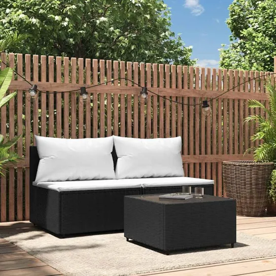 Loungesæt 3 dele i sort polyrattan med hynder
